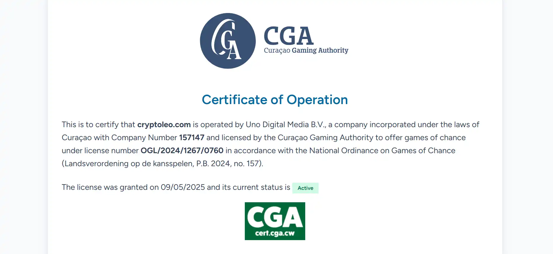Dane operatora NineCasino i licencji Curaçao Gaming Authority