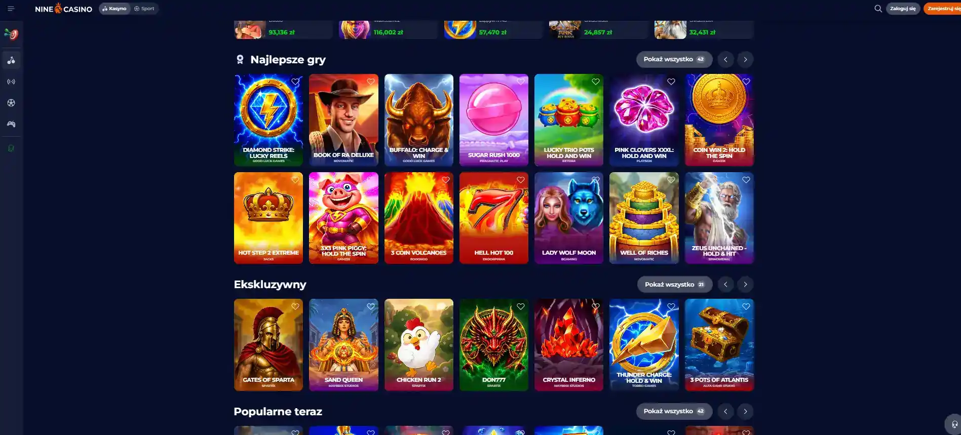 Katalog gier NineCasino z kategoriami gier i widocznymi dostawcami