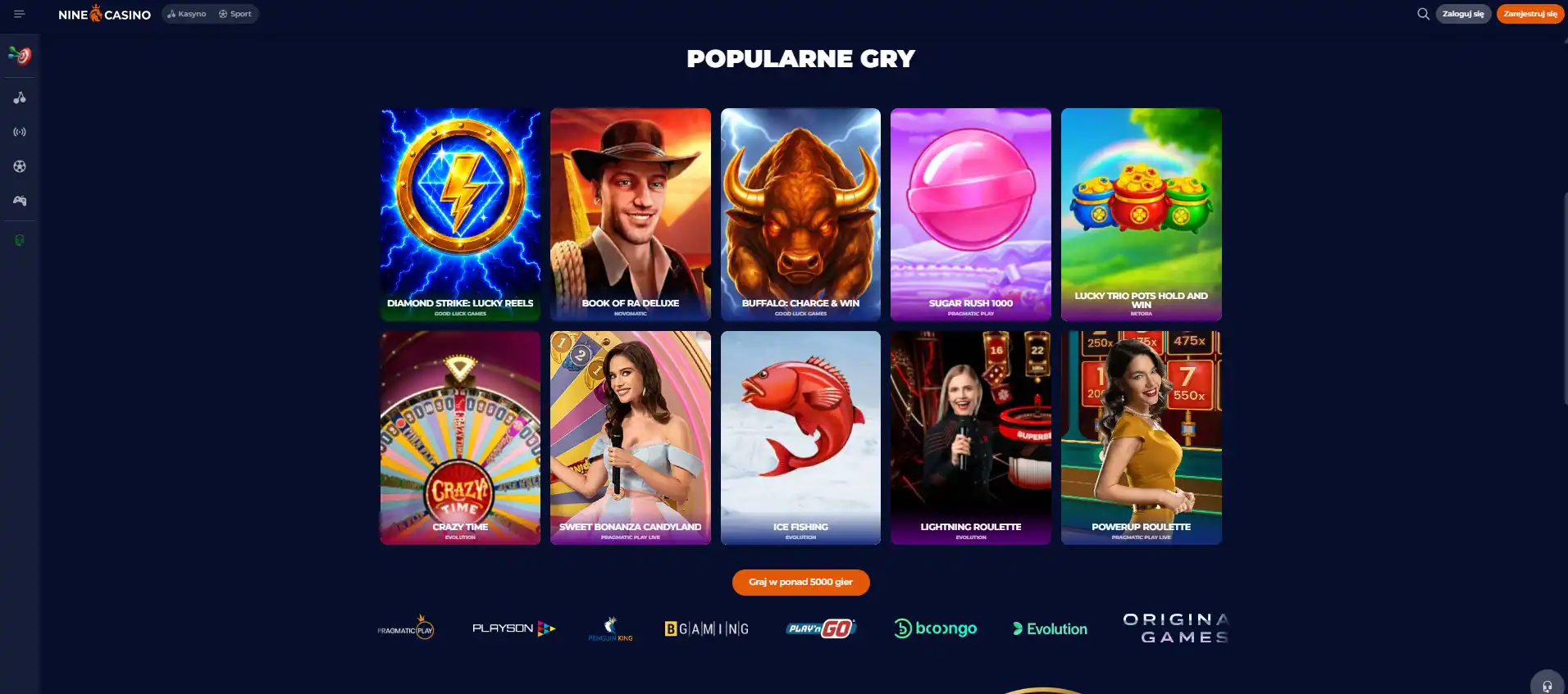 Katalog gier NineCasino z przykładami gier i dostawców